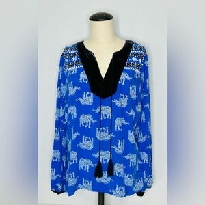 Crown & Ivy Blue Elephant Patterned Velvet Trimmed Tassel Blouse size 1X